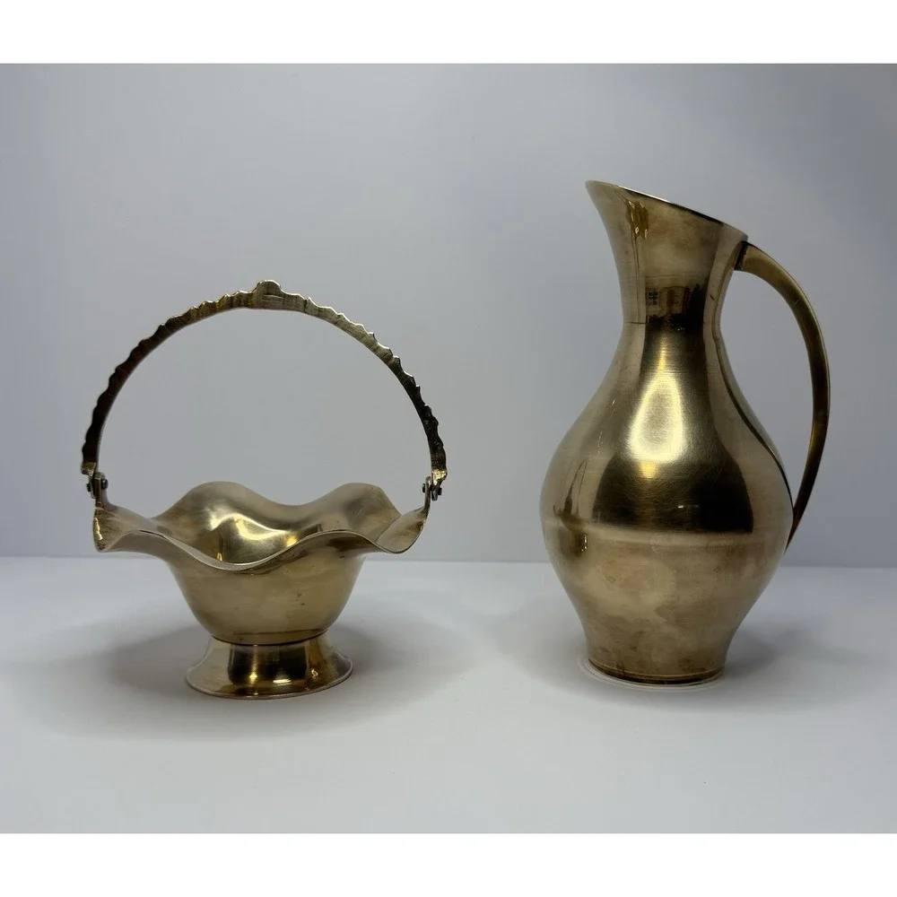 Shiny‎ Solid Brass Decor Bundle Pitcher And Basket For Shelf Styling.